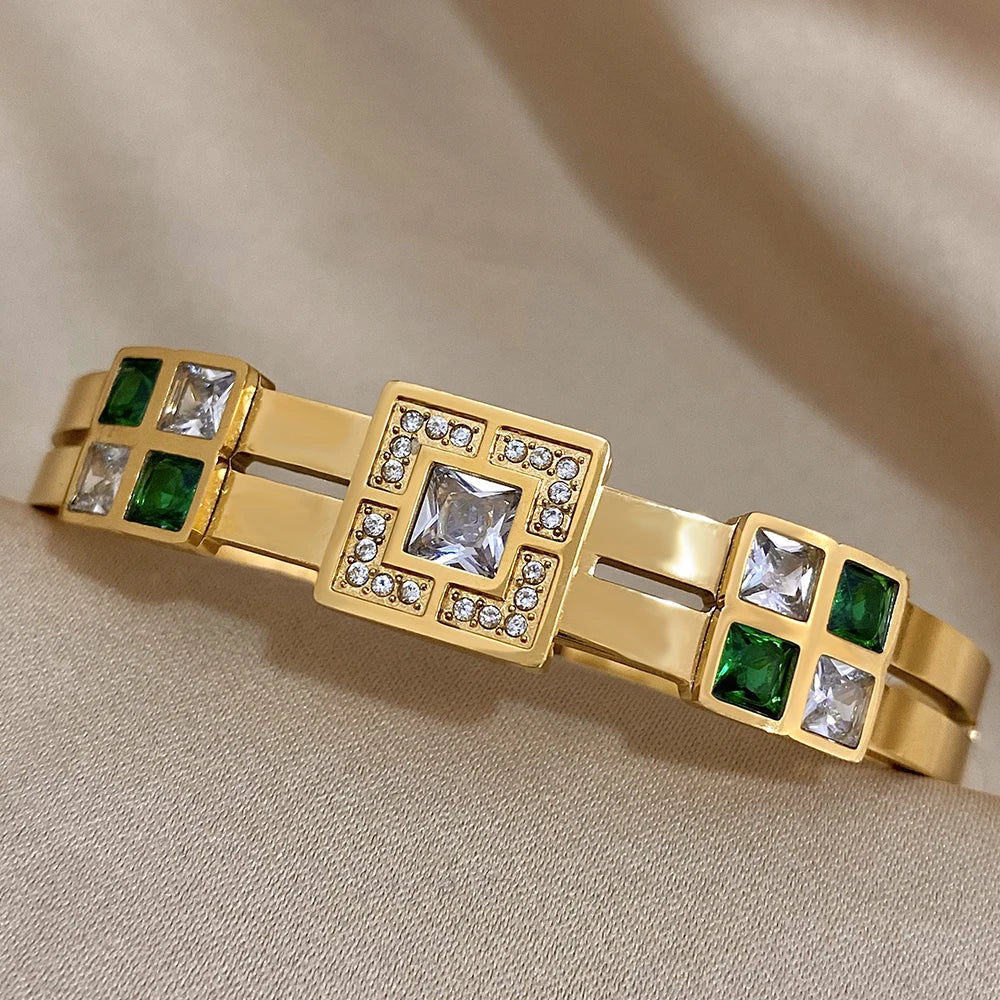 Luxury Designer Royal Emerald Green White Zircon Bangle Cuff Bracelet