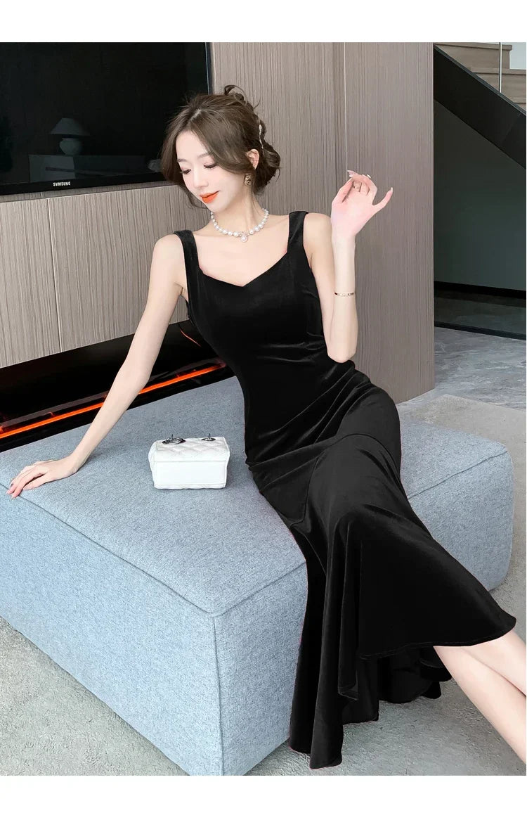 NEW Elegant Korean  Velvet Backless Sleeveless Midi Mermaid Dresses