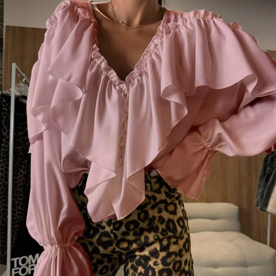 Bohemian  Ruffles Long Sleeves Oversize Shirts Tops