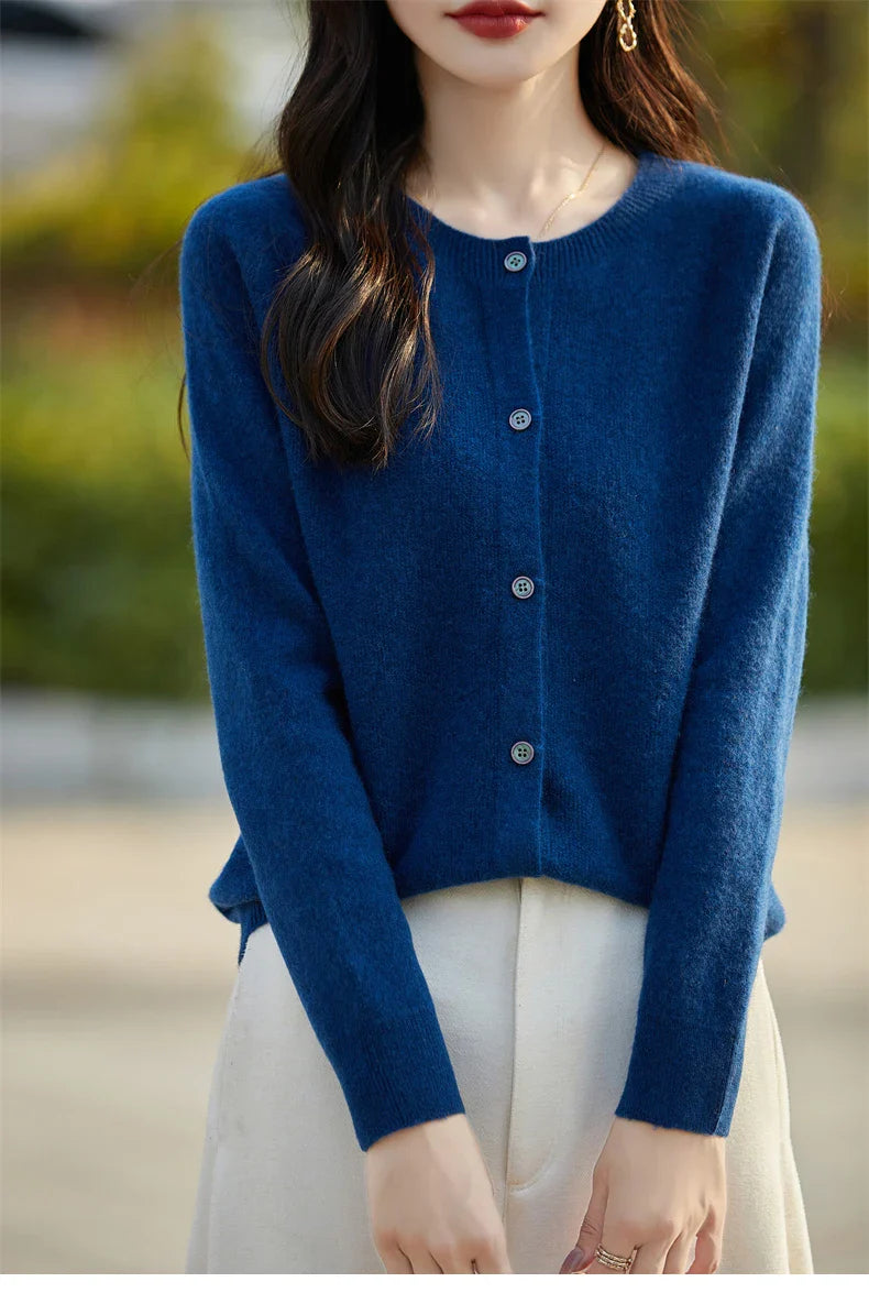 Soft Wool Cashmere Blend Knitted Round Neck Cardigan