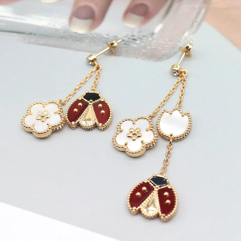 Ladybug Clover Drop Earrings 18K Gold Plated Natural Shell