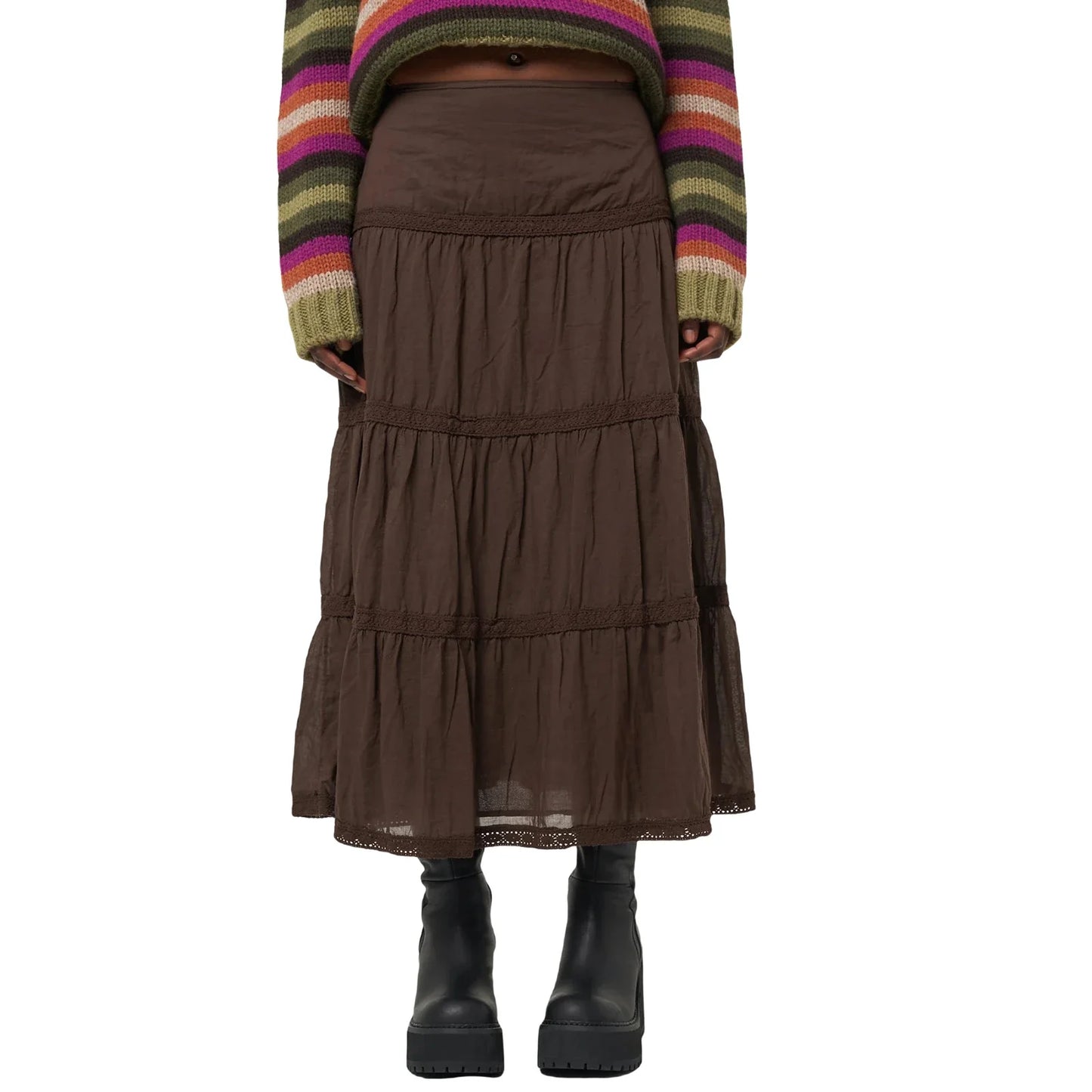 Retro Brown Ruffle Long  Skirts