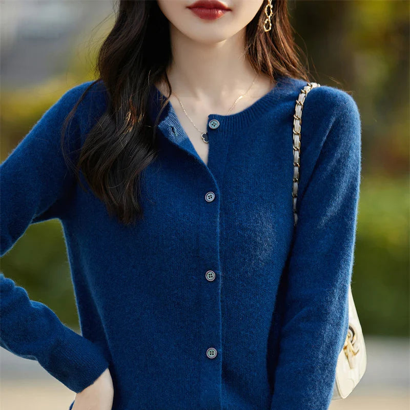 Soft Wool Cashmere Blend Knitted Round Neck Cardigan