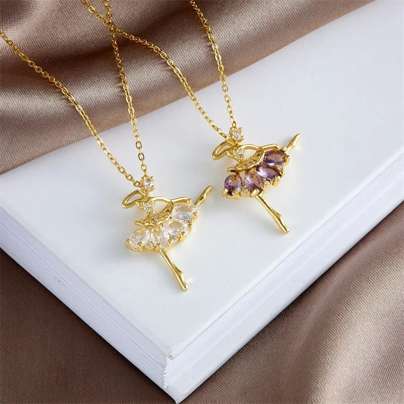 Colorful Zircon Ballerina Girl Pendant Necklace