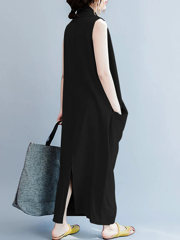 Summer  Oversize Asymmetrical  Baggy V Neck Maxi Dress with Pockets