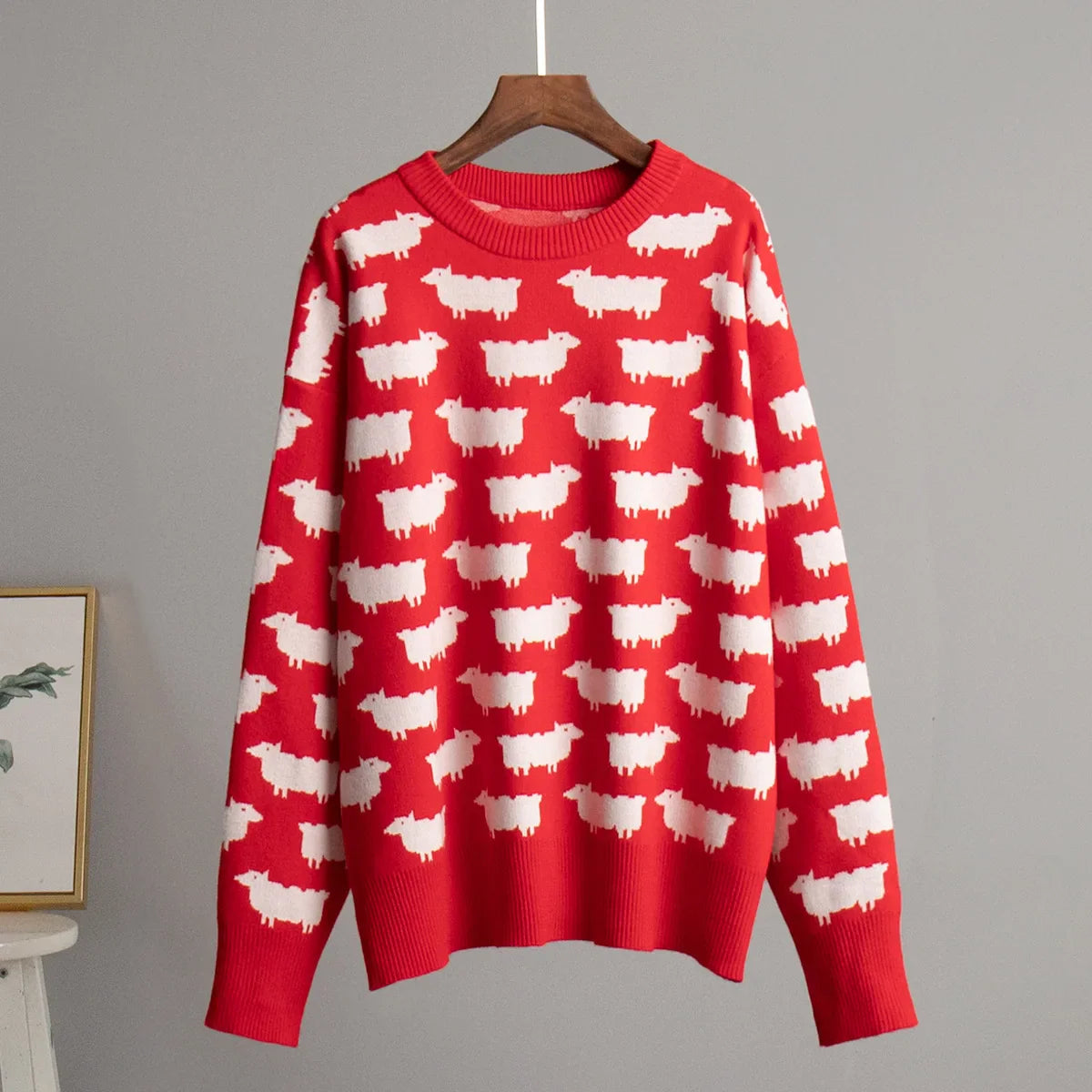 O-neck Alpaca Loose Casual Mid Length Printed Sweater