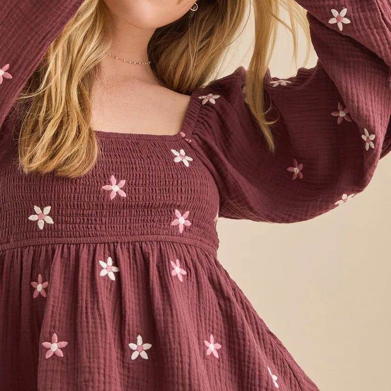 Floral Embroidered Smocked Square Neck Vintage Casual Tops