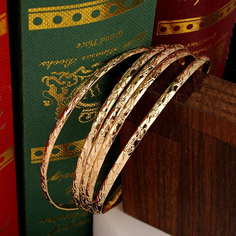 Slim Metal Bangles Gold Plated Carved Flower Layered Cuff Bracelet