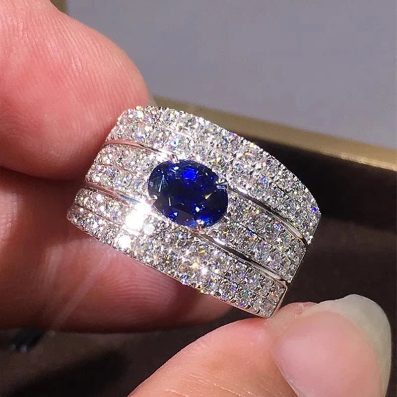 Sparkling Oval Blue CZ Wide Band Ring