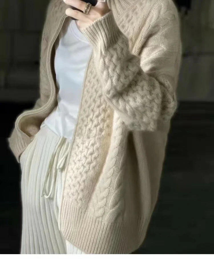 Luxurious High Neck Knit Wool Zippered Cardigan Sweater Jacket