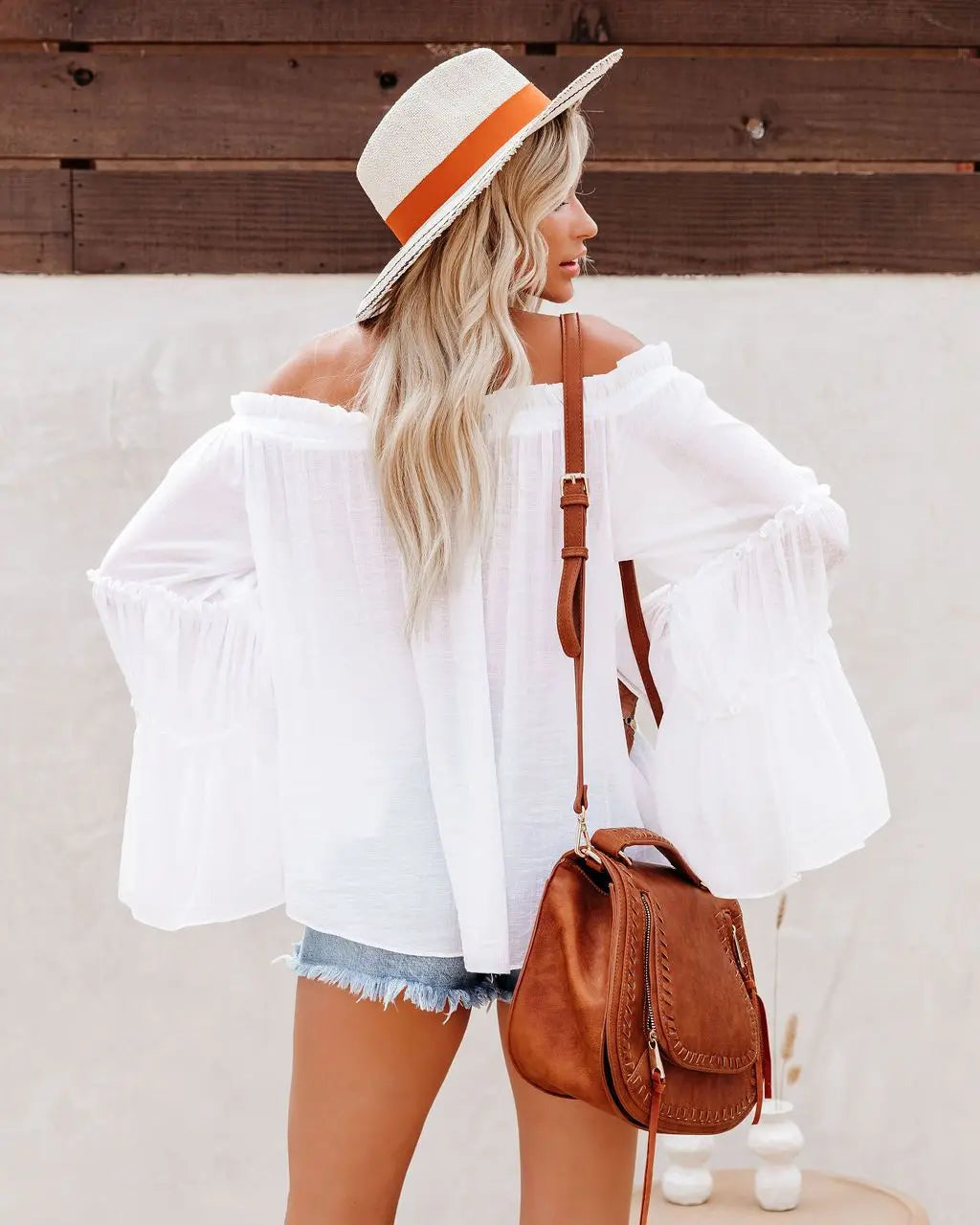 Orange Red  Off Shoulder Flare Long Sleeve Blouse