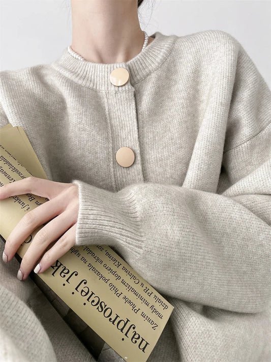 Elegant Cashmere  O-neck Knitted Loose  Cardigans Sweater