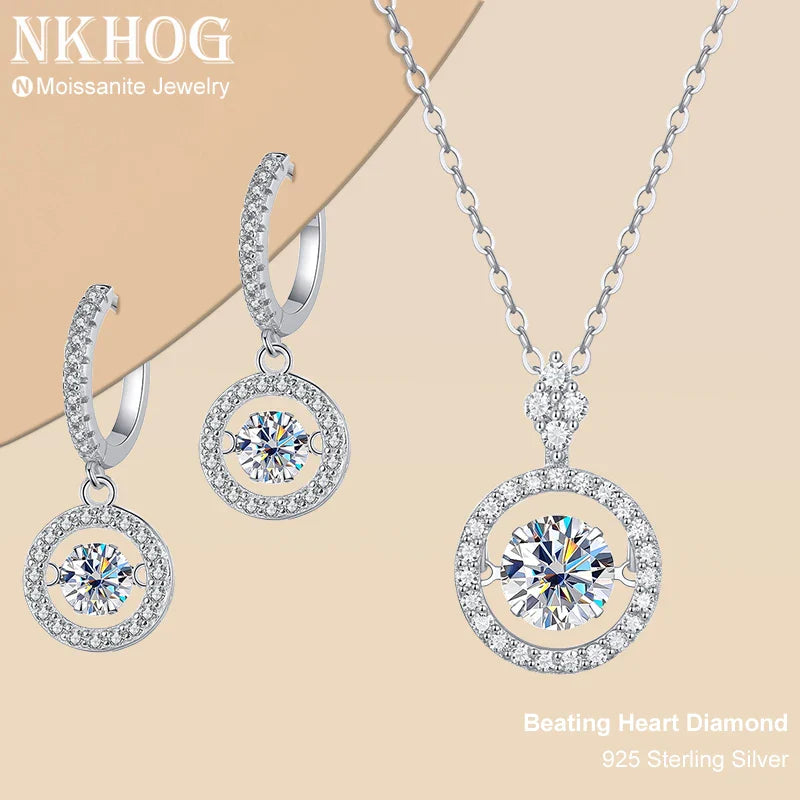 GRA Certified Moissanite Beating Heart Diamond Pendant, Necklace, Hoop Earrings Jewelry Set