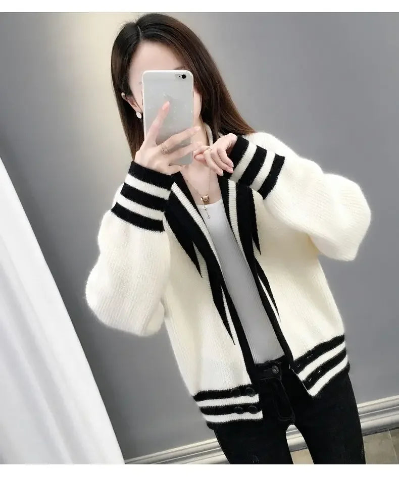 Striped Knitted  Cardigan Coat Long Sleeve Sweater Jackets