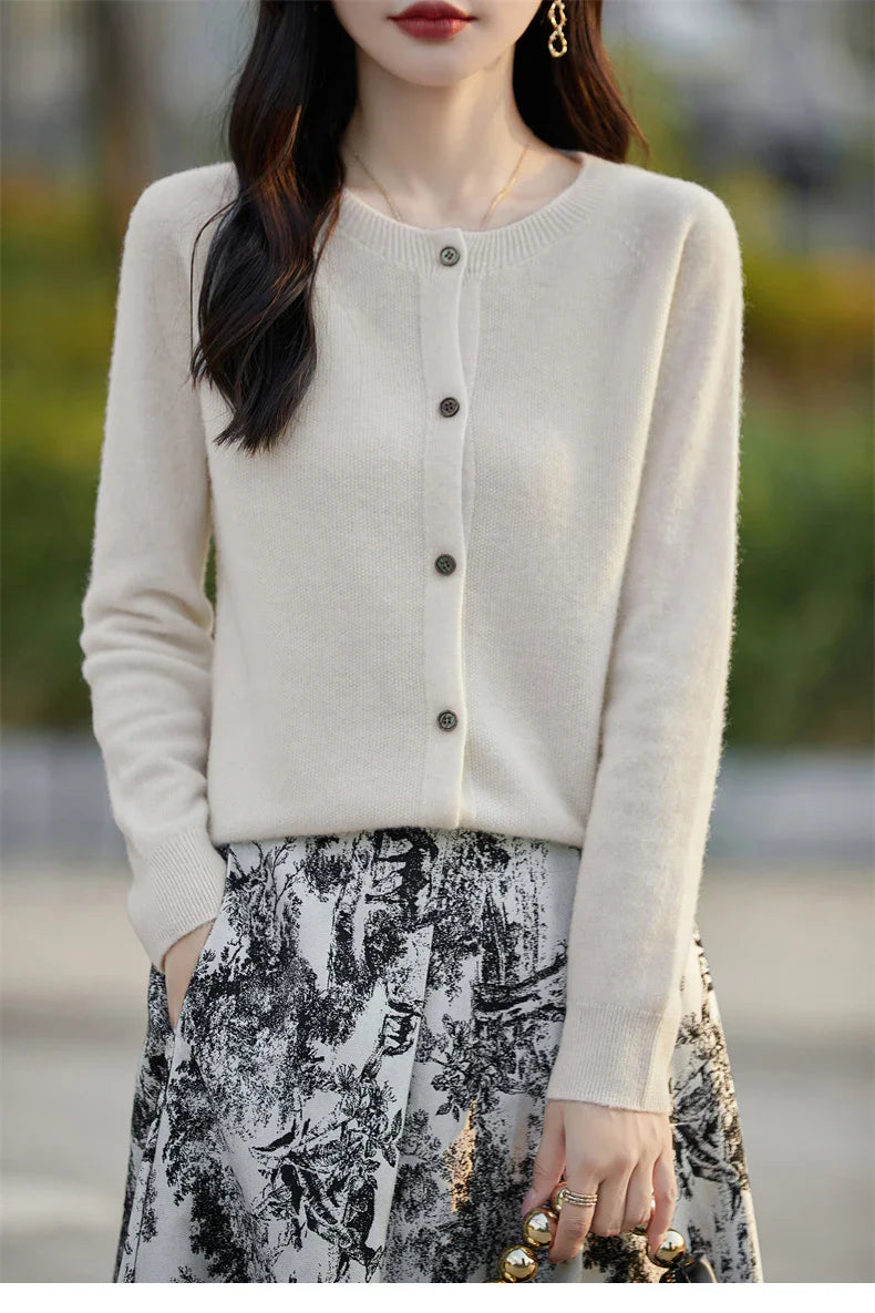 Soft Wool Cashmere Blend Knitted Round Neck Cardigan
