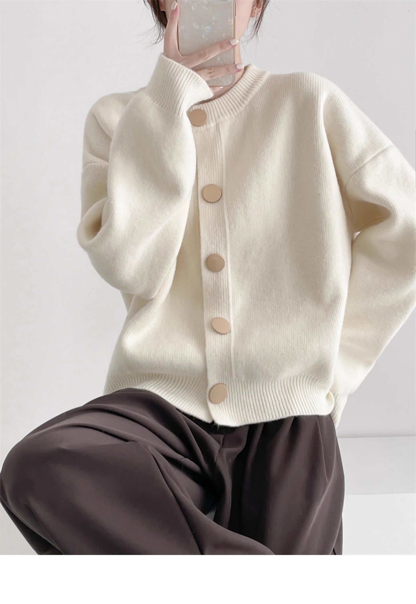 Elegant Cashmere  O-neck Knitted Loose  Cardigans Sweater