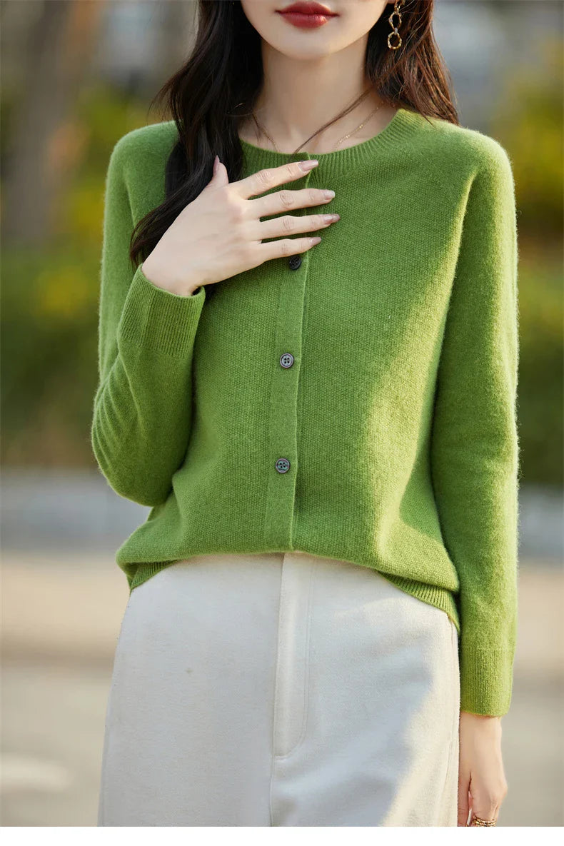 Soft Wool Cashmere Blend Knitted Round Neck Cardigan