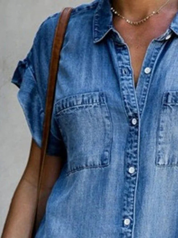 Summer  Denim Shirt Dress with  Pocket Simple
