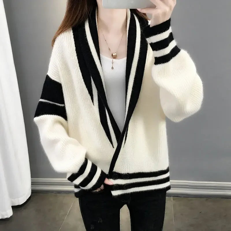 Striped Knitted  Cardigan Coat Long Sleeve Sweater Jackets