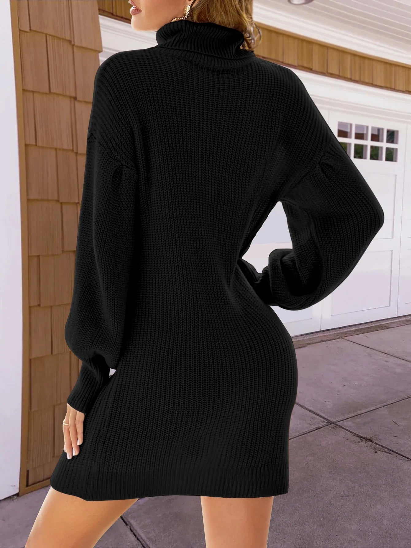 Black Turtleneck Mini Sweater Dress with Lantern Sleeve
