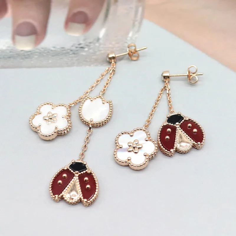 Ladybug Clover Drop Earrings 18K Gold Plated Natural Shell