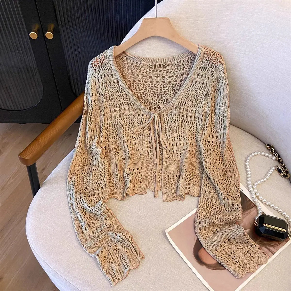 Casual Comfort Crochet  Short Top  Knitted Cardigan with Long Sleeves
