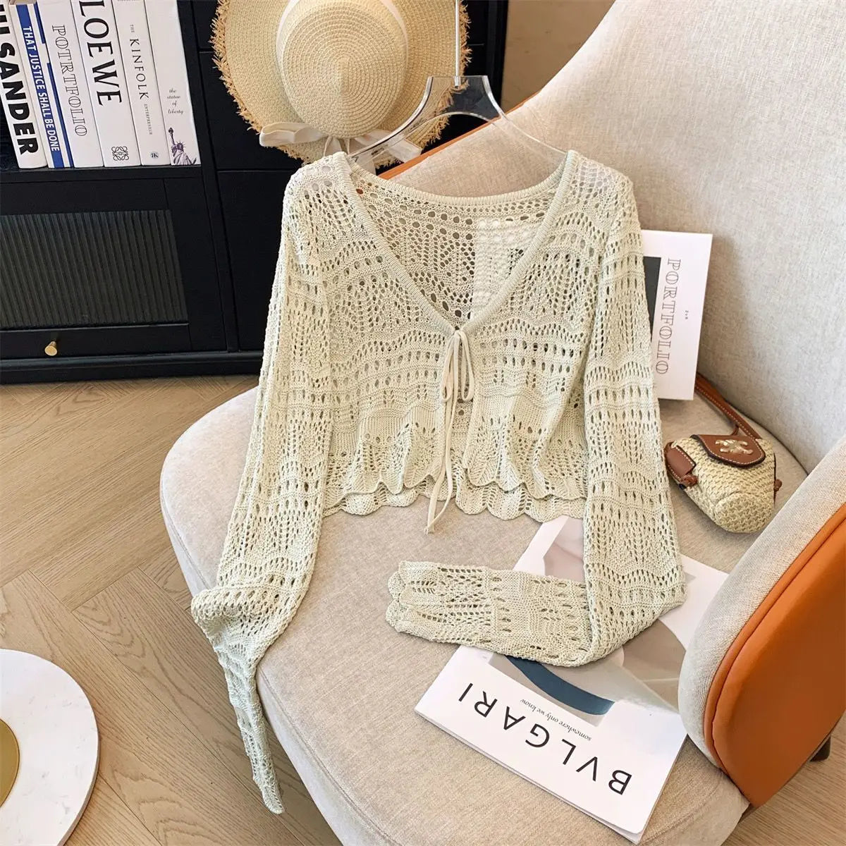 Casual Comfort Crochet  Short Top  Knitted Cardigan with Long Sleeves