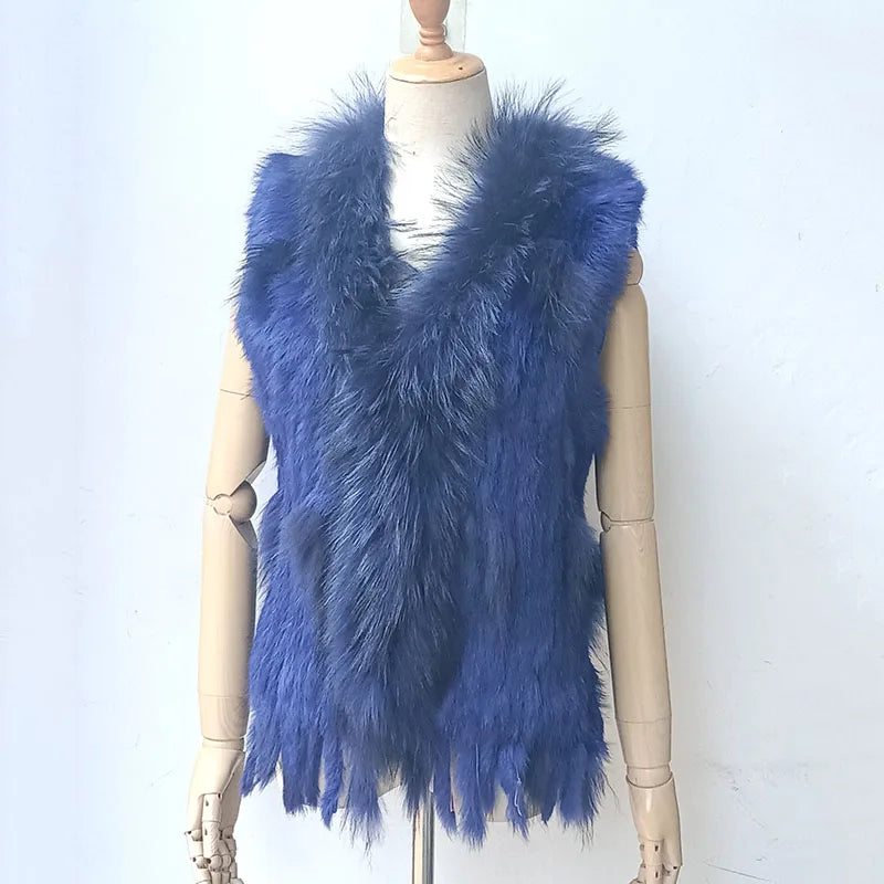 Warm Sleeveless Genuine Rabbit Fur Knitted Vest with Tassel