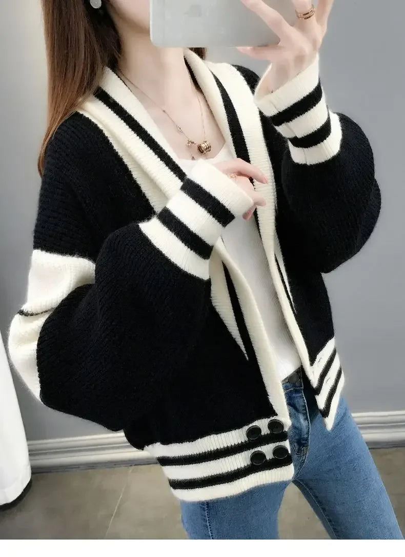 Striped Knitted  Cardigan Coat Long Sleeve Sweater Jackets