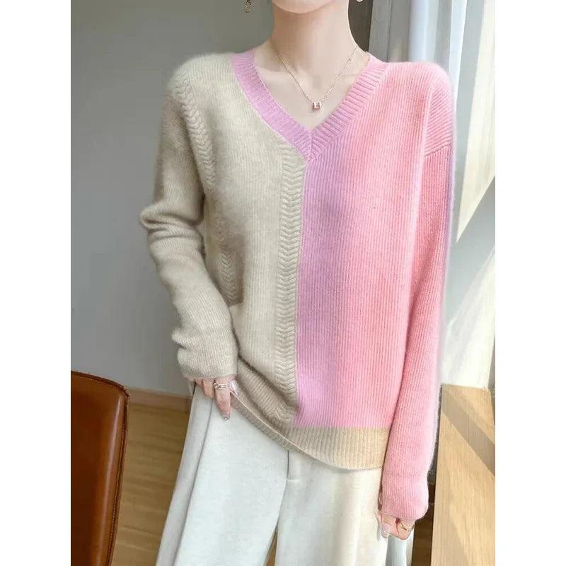 Chic Cashmere Knitted Color Block Patchwork Loose-Fit Style Pullover
