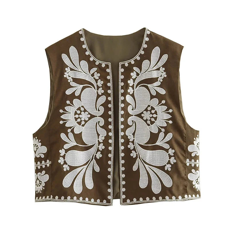 Vintage Floral Embroidered Open Waist Style Vest