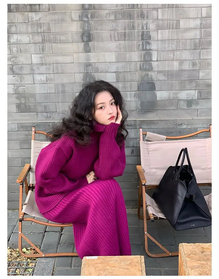 French Trendy Retro Two-piece Set with High Neck Sweater Knitted Top