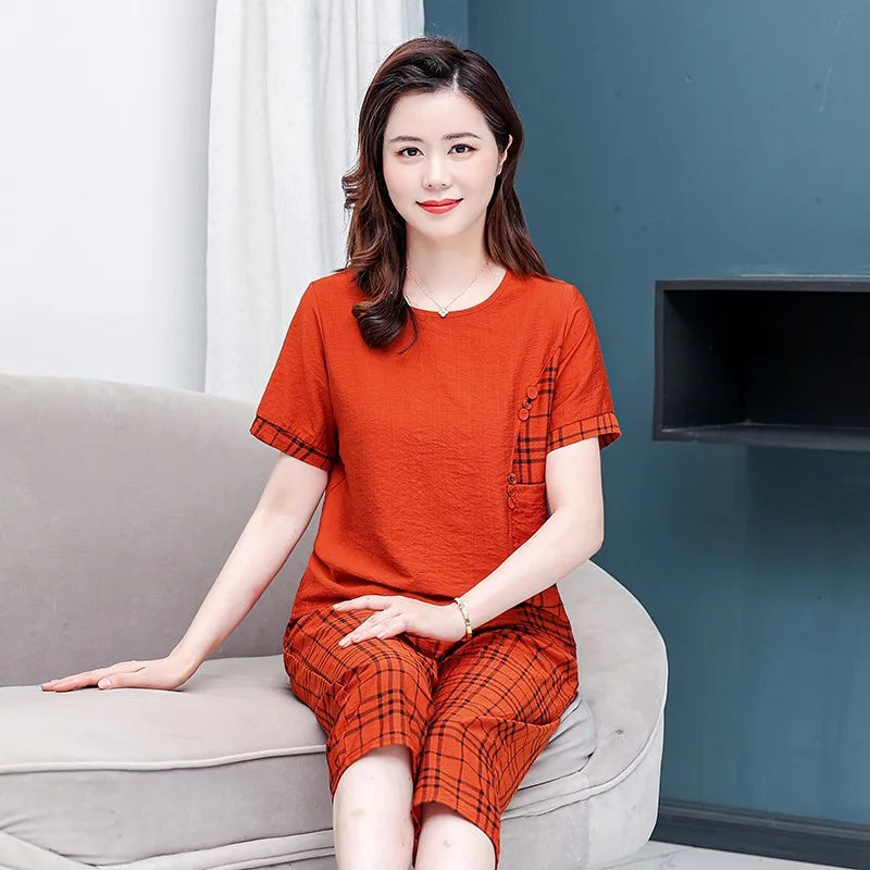 Linen Luxe T-Shirt Capris Plaid Pants 2 Piece Set