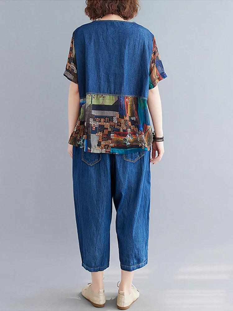 Denim Vintage Spliced Print 2 Two Piece Set