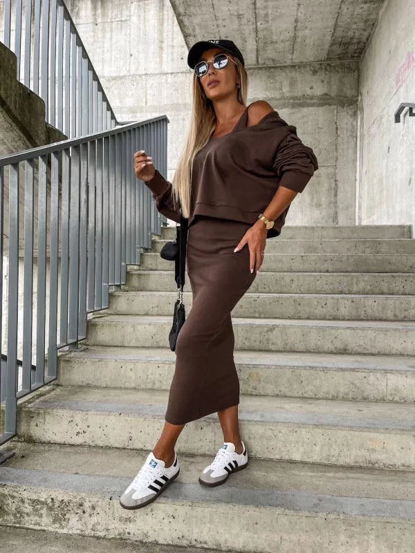 Sporty Slim Fit V-Neck Hooded Sweater Long Dress with Short Top- 2 Prices Set