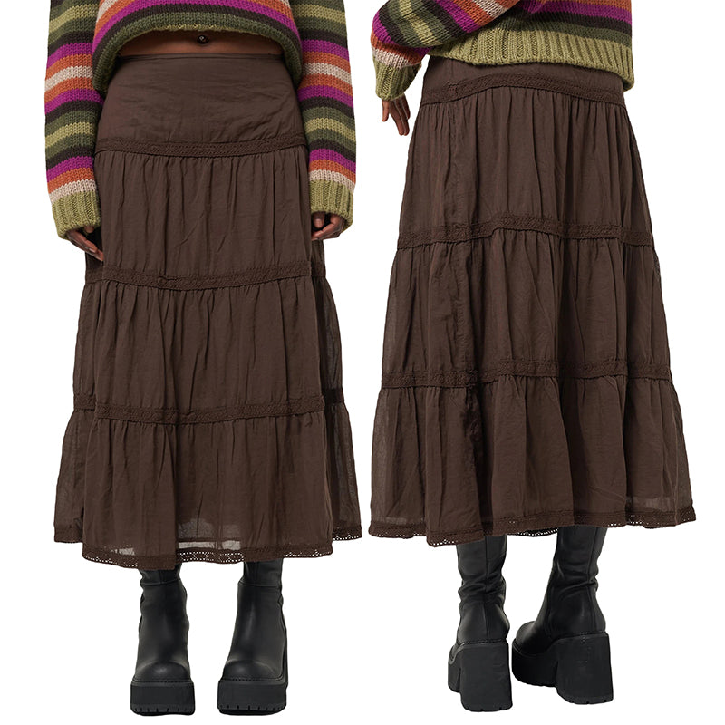 Retro Brown Ruffle Long  Skirts