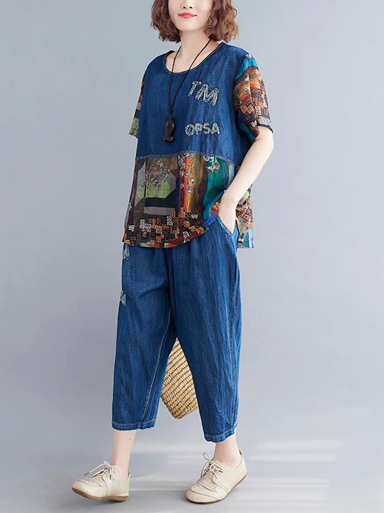 Denim Vintage Spliced Print 2 Two Piece Set