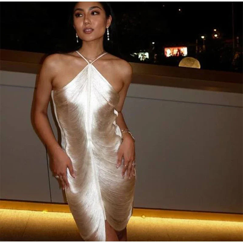 Shiny Tassels Halter Off Shoulder Sleeveless Slim  Mini Dress