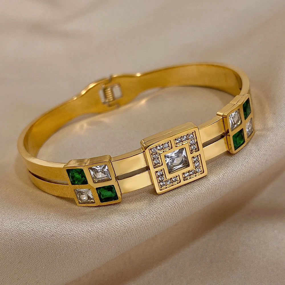 Luxury Designer Royal Emerald Green White Zircon Bangle Cuff Bracelet