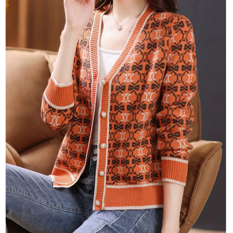Vintage Elegant V-neck Jacquard Knitted Cardigan