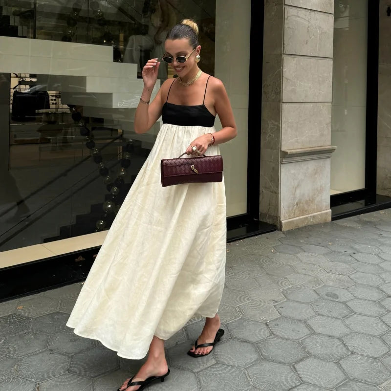 White and Black  Contrasting Color Hollow Out Sling Maxi Sleeveless Dress