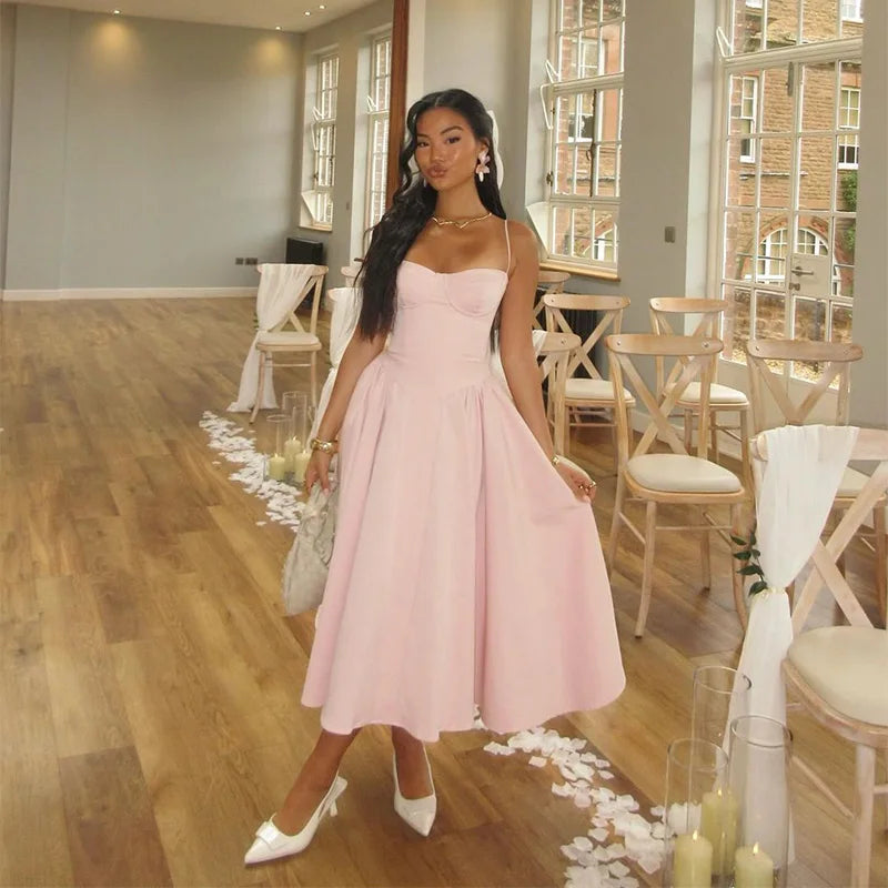 Party Pleated Hem Sling Midi Sleeveless Backless Dresses