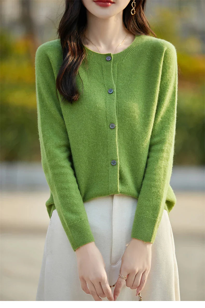 Soft Wool Cashmere Blend Knitted Round Neck Cardigan