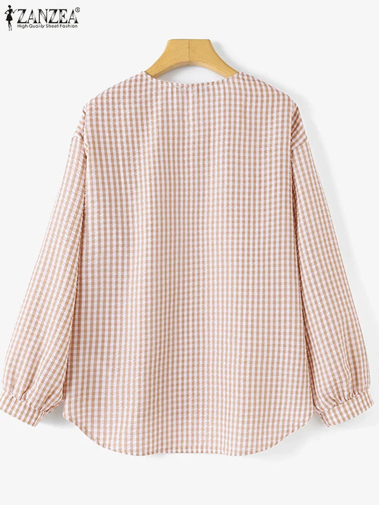 Vintage Plaid Checked  V-Neck Shirt with Long Sleeves