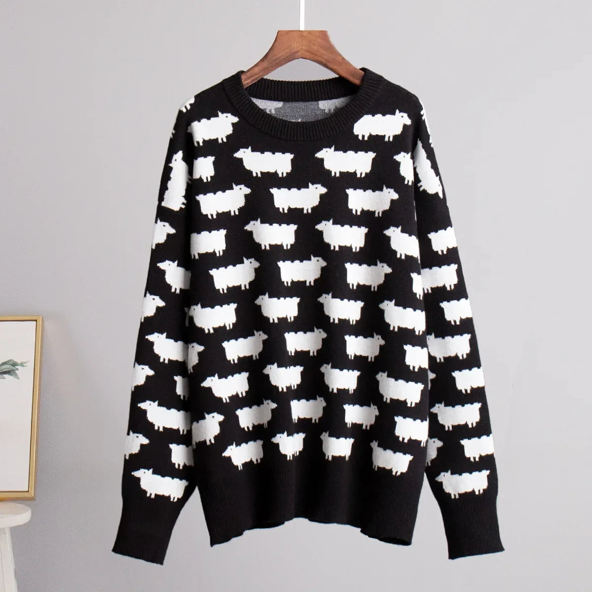 O-neck Alpaca Loose Casual Mid Length Printed Sweater