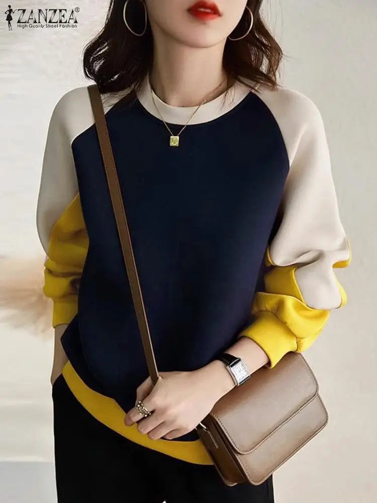 Very Stylish O-Neck Contrast  Patchwork  Color Sweatshirts Blouse with Long Sleeves