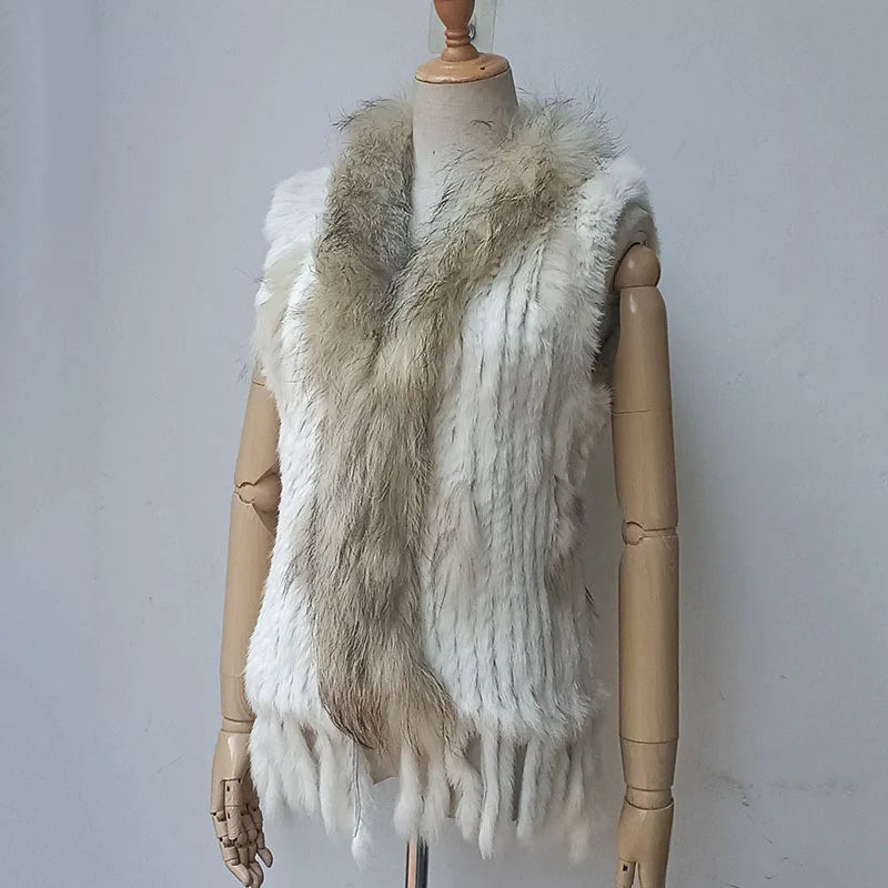 Warm Sleeveless Genuine Rabbit Fur Knitted Vest with Tassel