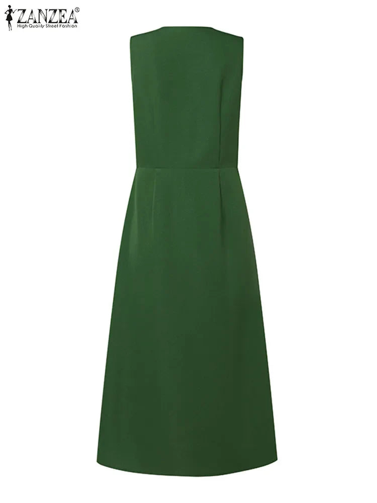 Elegant Leisure Retro V Neck Sleeveless Button Down MidI  Dress