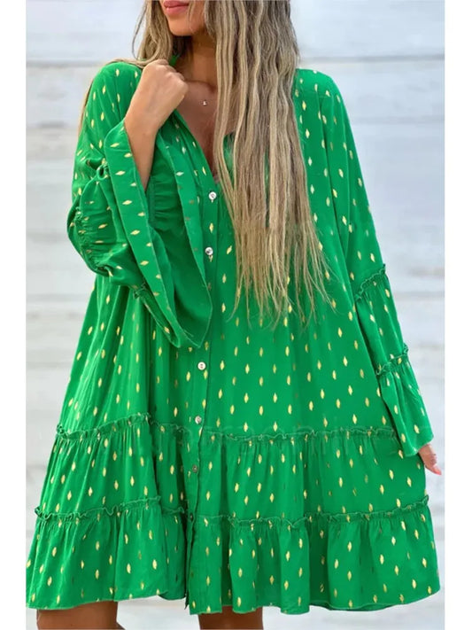 Paradise Boho Swing  Pleated Shirt Dress