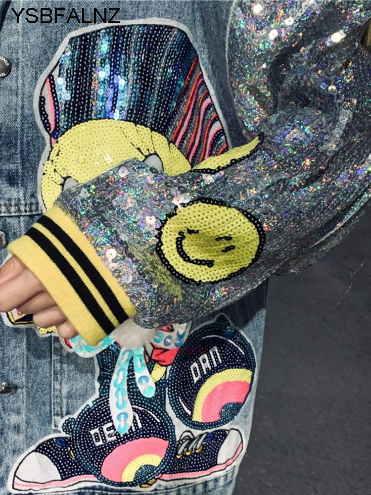 Hip Hop Cartoon Sequin Stitching Embroidery  Denim Jackets
